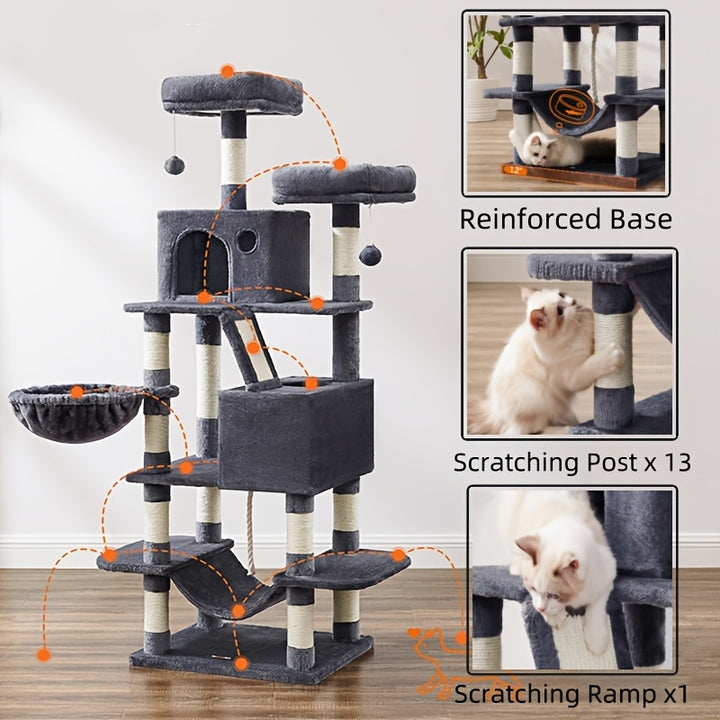 Feandrea 66.1/44.1in Cat Tree, Large Cat Tower with 13 Scratching Posts, 2 Perches, 2 Caves, Hanging Basket & Hammock, Pompoms, Stable Kitty Play House, Multi-Level Plush Cat Condo for Indoor Cats, Easy to Assemble, Perfect G