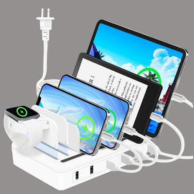50W 6-Ports Fast Charging Station - Multiple Devices USB Charging Station With 10-Slot, Detachable Dividers, Watch Holder - Compatible With Phone/iPad/Kindle/Tablet