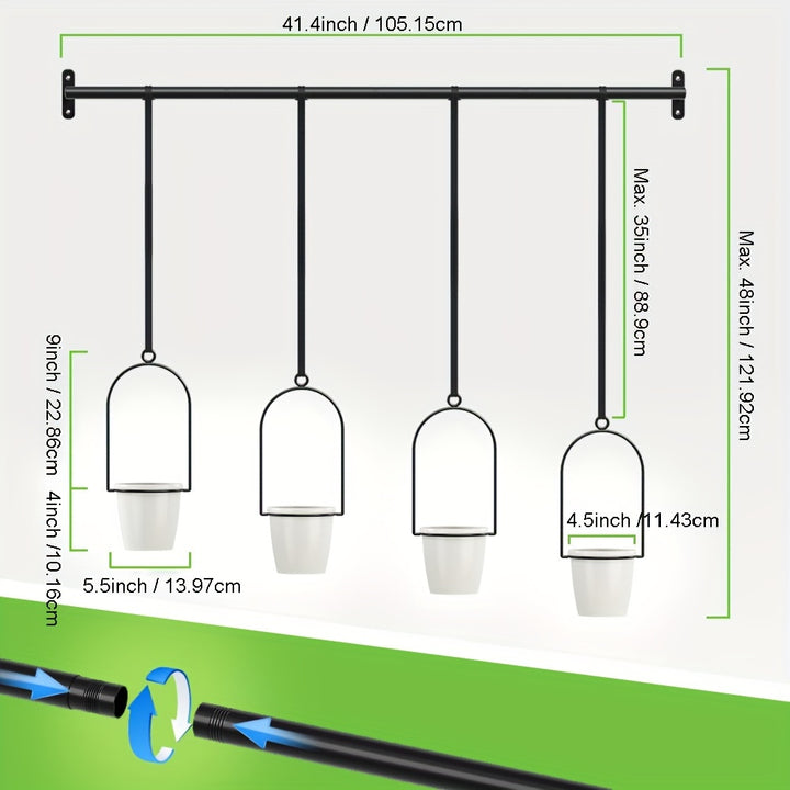 1 Set Metall verstellbare hängende Pflanzgefäße mit 4 Stück Kunststofftöpfen, Schiene für Indoor-Fenster- und Deckenkräutergarten, Wandpflanzenhänger mit Nylonkordeln, 11,8" - 18,1" Breite erweiterbare Schubladen für Töpfe und Pfannen, Küchen-Ausziehregal