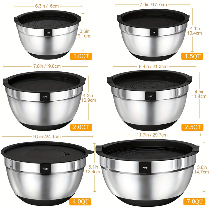 Mixing Bowls with Airtight Lids, 26 Pcs Stainless Steel Bowls Set, 3 Grater Attachments & Black Non-Slip Bottoms Size 7, 4, 2.5, 2.0, 1.5, 1QT