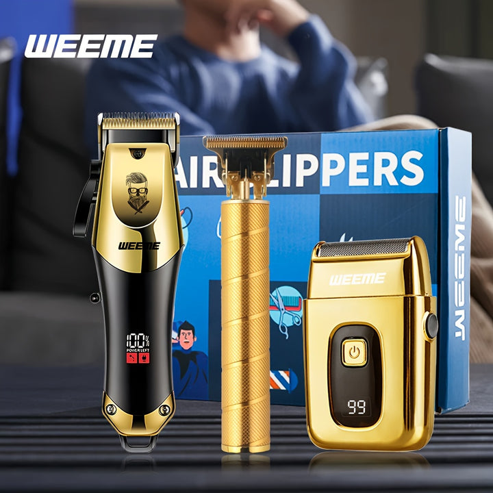 WEEME Golden Hair Cutting Three-Piece Set, Men'S Grooming Kit, Barber'S Haircutting Set, Valentine'S Day Gift Box. USB Rechargeable, LCD Display. Includes 1 Black And Golden Professional Hair Clipper + 1 Golden Men'S Razor +