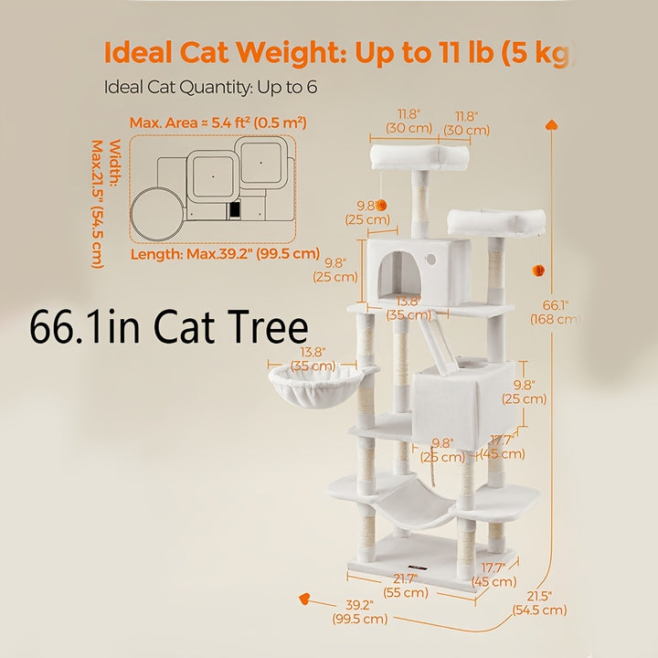 Feandrea 66.1/44.1in Cat Tree, Large Cat Tower with 13 Scratching Posts, 2 Perches, 2 Caves, Hanging Basket & Hammock, Pompoms, Stable Kitty Play House, Multi-Level Plush Cat Condo for Indoor Cats, Easy to Assemble, Perfect G