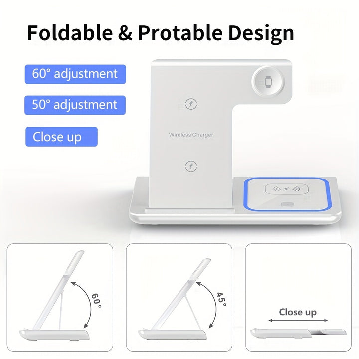 Estação de Carregamento Sem Fio 3 em 1 Padrão Carregador Rápido Mag-Safe de 15W com Adaptador QC3.0, Adequado para iPhone 15 14 13 12 11 x 8 Pro Max/Pro/Mini/Plus, iWatch Ultra 9/8 7/6/5/4/3/2, AirPods 3/2