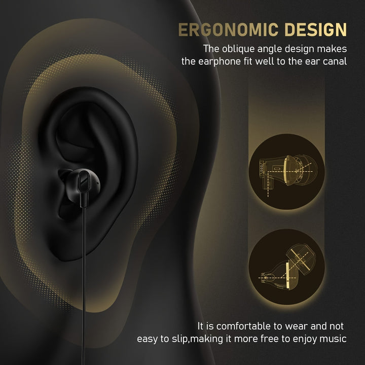 WGYP-028B Ergonomic In-Ear Headphones - Tangle-Free Flat Cable, Dynamic Crystal Clear Sound with Enhanced Bass, 3.5mm Jack, S/M/L Eartips for Samsung, Android & More - Comfortable Fit for Skateboarding & Jogging, Wired Headph