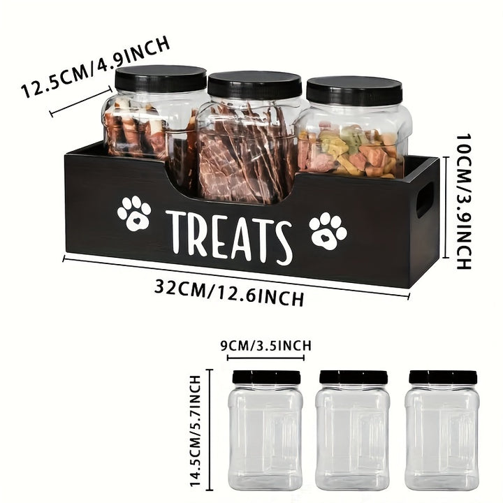 [1pc Airtight Wooden Pet Treat Holder] 1pc Wooden Pet Treat Holder with 3 Airtight Plastic Jars – Uncharged Container for Dog & Cat Food Storage – Durable Wood Material Farmhouse Style Organizer for Pet Treats