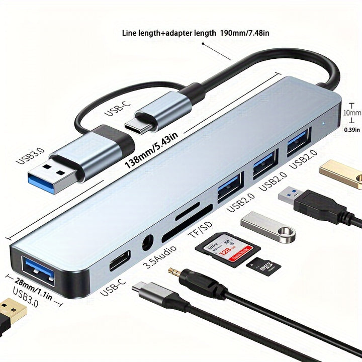 3.0 High speed USB C hub USB splitter 8-in-1 USB extender with 4 USB ports and 1 USBC TF/SD card reader 3.5mm audio output, suitable for MacBook Pro/iPad Pro/HP laptops/Galaxy phones (1 to 8)