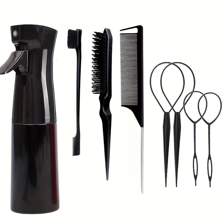 8pcs Hair Styling Tools Set, 6.76oz Spray Bottle and 3pcs Slick Back Teasing Combs Rat Tail Stainless Steel Combs, Double Side Edge Control Hair Brushes and Hair Kitting Tools for Women