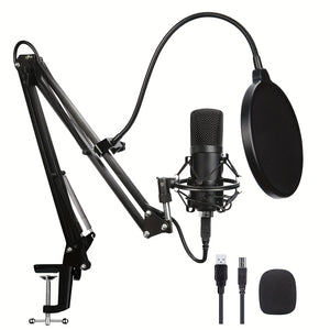 Professional USB Microphone Kit-192 khz/24-bit Plug-and-Play PC Computer Podcast Capacitor, with Metal Cantilever Bracket and Spray Cover-Perfect for Recording, Gaming, Singing, YouTube, Studio, Karaoke and Live Broadcasting