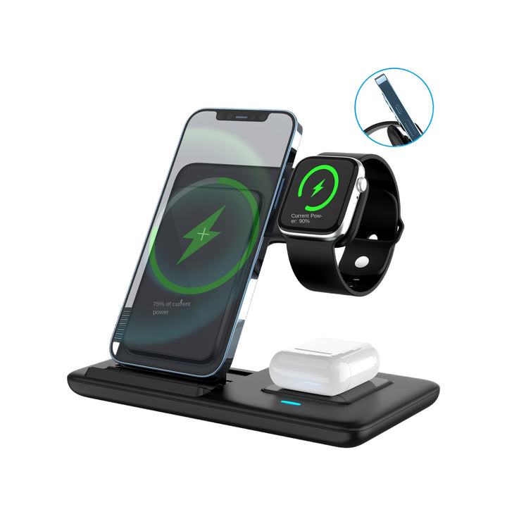[Mingmai Wireless Charger] Mingmai 3-in-1 Folding Wireless Charging Station | for iPhone 15, 14, 13, 12, 11/Pro/Max/Mini/Plus, AirPods 3/2/Pro, and Apple Watch 1-9 - Magnetic USB Charging Base with LED Indicator, Black, iPhon