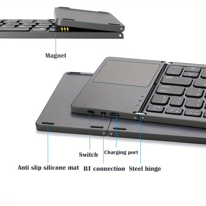 Ultra-thin Wireless Foldable Keyboard - Bi-fold/Three Fold Portable Keyboard for Three Systems Universal Office Silent