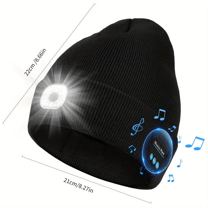 Gorro Sem Fio com Fones de Ouvido Integrados, Boné com Lanterna Recarregável por USB, para Atividades de Fitness ao Ar Livre no Inverno e Atividades Noturnas como Camping, Corrida, Esqui e Montanhismo, Presente de Natal Perfeito para Homens e Mulheres