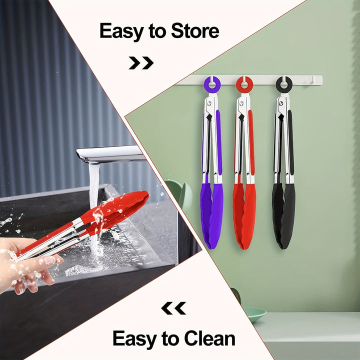 3pcs / 7pcs Kitchen Tongs, 7 Inch Small Silicone Tongs with Stainless Steel Silicon Handles and Nylon Tips, Heat Resistant Non-Stick Cooking Tongs, Mini Locking Food Tongs for Cooking Salad Grilling and Frying