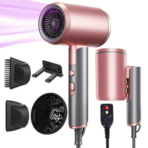 Sèche-cheveux ionique professionnel avec diffuseur et concentrateur et support suspendu pour cheveux bouclés, sèche-cheveux à ions négatifs avec technologie céramique, buse pour un séchage rapide, léger et silencieux, pliable pour le voyage.