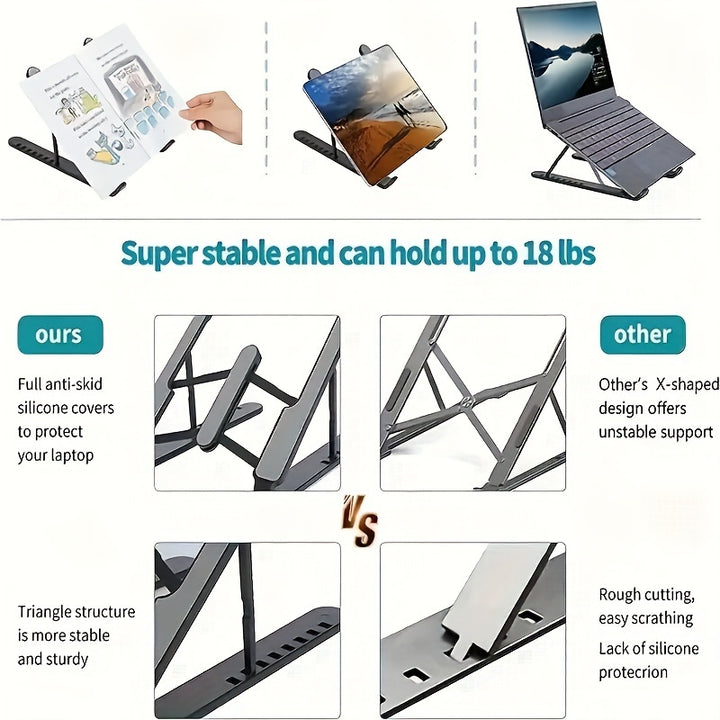 Adjustable Laptop Stand, Portable Multi-Angle Notebook Holder with Soft Silicone Pads, ABS Material, Compatible with 25.4-43.18cm Laptops, Foldable & Lightweight Design with Device Mount Features