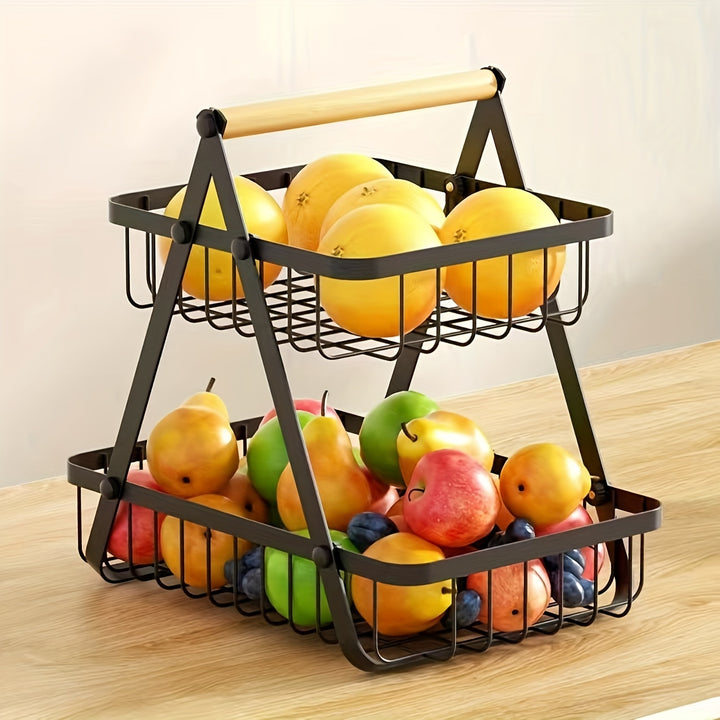 Modern Metal Fruit and Vegetable Basket with Detachable Bowl-Shaped Storage and Wooden Handle for Kitchen Organization, Perfect for Christmas/Halloween Gift, Countertop, Bathroom