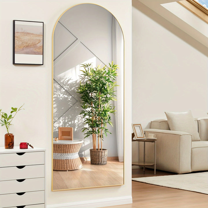 Miroir plein longueur noir arqué 64"x21", miroir mural debout, incliné ou monté pour chambre, salon, vestiaire, miroir en aluminium, moderne