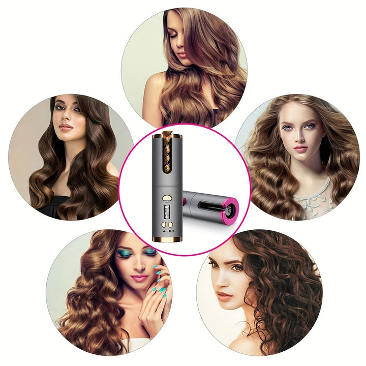 Sleek Portable USB Rechargeable Hair Curler with LCD Display - Smart Wireless Automatic Curling Iron, 32mm,, Digital Temperature Control, Copper & Gray Finish