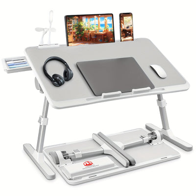 [Portable Laptop Desk Table] Adjustable Laptop Stand Bed Tray Table - Portable Laptop Desk with USB/Light/Fan/Drawer - for Bed/Couch/Sofa/Reading/Writing/Eating
