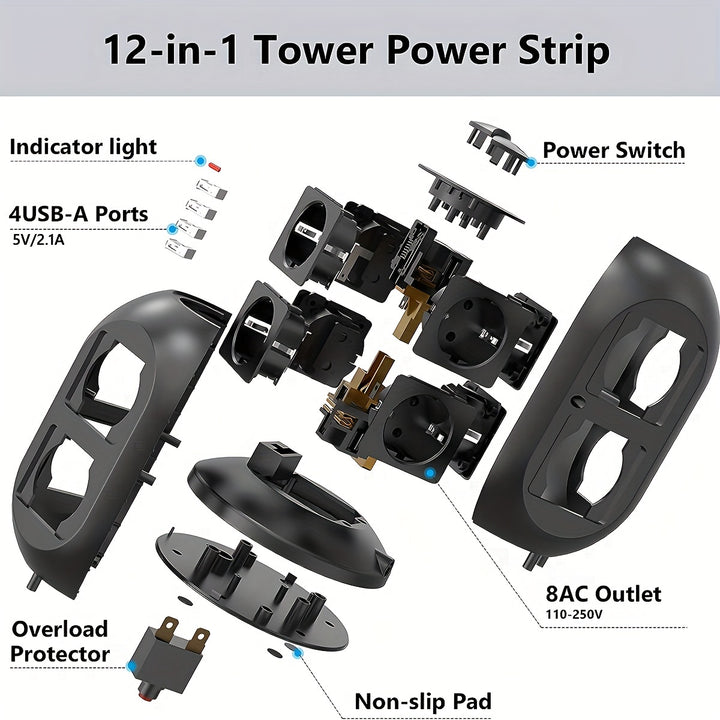 12-way power strip with 4 USB, multi-socket tower, 1.8m extension cable, power strip with double for Switch, desktop socket tower surge protection for garden, office, kitchen