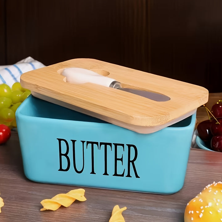 1 Pc Luxury Large Butter Dish with Lid - Ceramic Countertop Keeper with Knife Sealing and Design - Perfect Kitchen