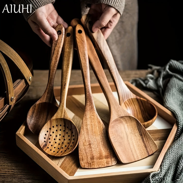 AIUHI 5pcs Wooden Kitchen Utensils Set, Wooden Spoons Natural Spurtle Set for Non-stick Pan Kitchen Tool Ladle and Wok Spatulas