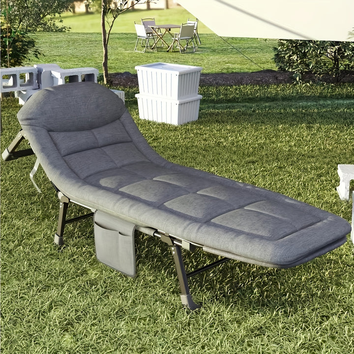 Stainless Steel Frame Folding Lounge Chair | Gray Polyester Cushion | Adjustable Headrest, Armrests & Side Pockets | Home, Camping, and Outdoor Relaxation