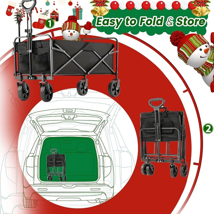 Collapsible Folding Wagon Cart, Large Capacity Camping Wagon, All Terrain Foldable Pet stroller, Heavy Duty Utility Wagon Cart for Grocery Outdoor Beach Gardening Shopping Pet outings Fishing Black, Perfect Christmas Gift
