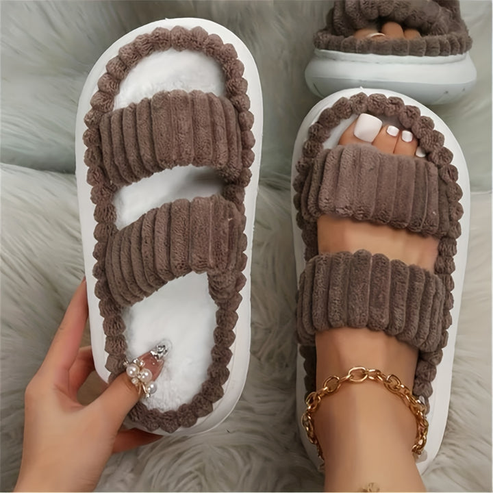 Double Straps Plush Women's Non Slip Comfy Slides Shoes, Solid Color Open Toe Fashion Indoor Platform Slippers