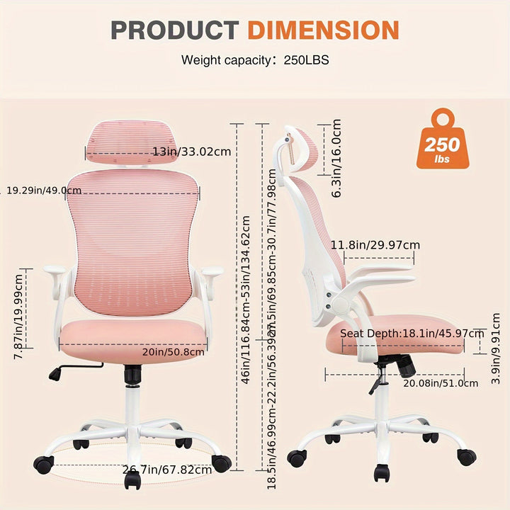 [High Back Ergonomic Computer Chair] OLIXIS Ergonomic Desk Computer Chair, High Back Comfort Swivel Home Gaming Mesh Chair With Wheels, Adjustable Headrest, Flip-Up Armrests, 144° Tilt, Suitable For Studying