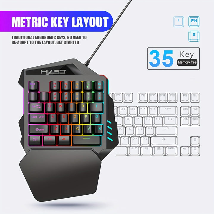 HXSJ Gaming One-Handed Keyboard And Mouse Set with 35 Keys, Dual-Color Injection Molded Keycaps, Colorful Backlight, USB Plug-And-Play Optical Mouse Combo Suitable for Gaming.