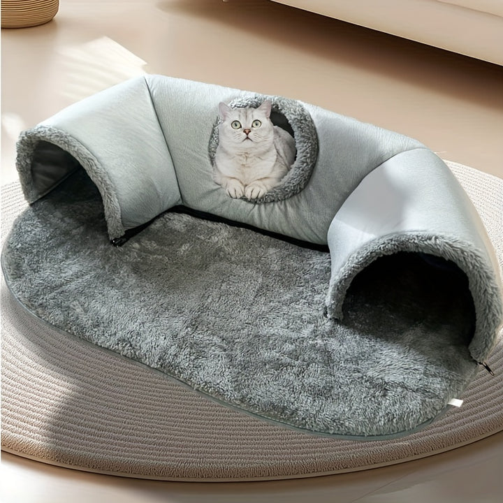 Tunnelle de chat confortable 3-en-1 - Tapis de jeu et nid chaud avec fond antidérapant pour chats de petite à moyenne taille, lapins et hamsters