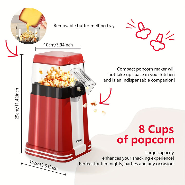 16-Cup Deluxe Hot Air Popcorn Popper Maker - Effortless Popping, Measuring Cup for Perfect Portions, Melt Butter Function, Easy Cleaning, Space-Saving Design for Home Theater, Family Movie Nights, and Snack Time Fun