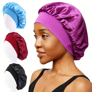 Solid Color Wide Elastic Band Satin Sleep Bonnet Soft Night Sleeping Cap For Women