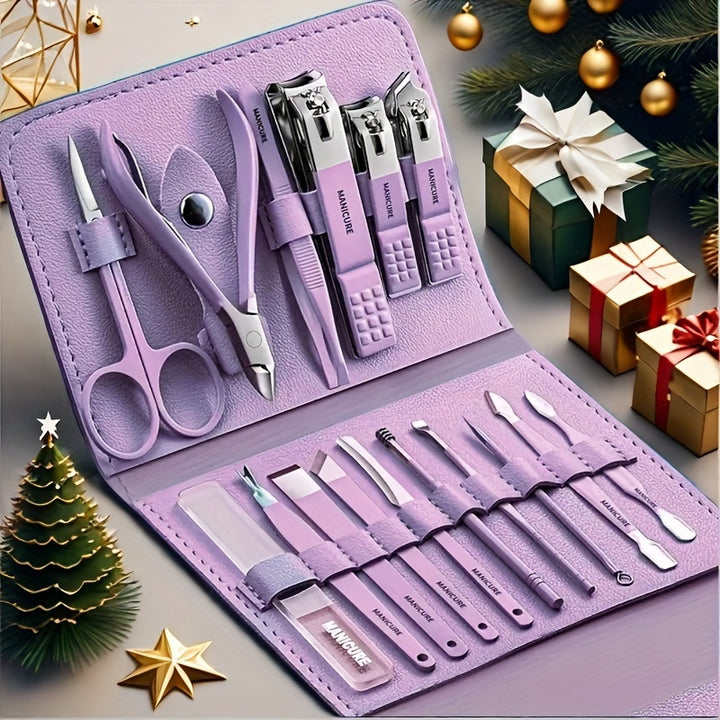 Premium 16-Piece Stainless Steel Kit - Modern Style Nail Clipper Set for Travel & Beauty Care - Professional Grooming Tools with Straight Edge, Nail File, Ear Pick, Scissors