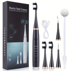 Kit de brosse à dents électrique six en un conçu pour la portabilité, avec une tête de brosse douce et un outil de beauté pour le détartrage des dents. Facile à utiliser, il est spécialement conçu pour vous : obtenez le sourire idéal.