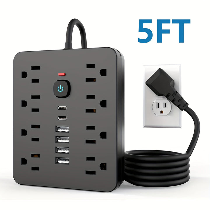 This Is a Versatile Black Power Strip Featuring 8 Outlets, 4 USB Ports, 2 USB-C Ports, a 5/10Ft Extension Cord, a Flat Plug, Wall Mounting Capability, Overload Protection, And Surge Protection, Making It Perfect for Charging