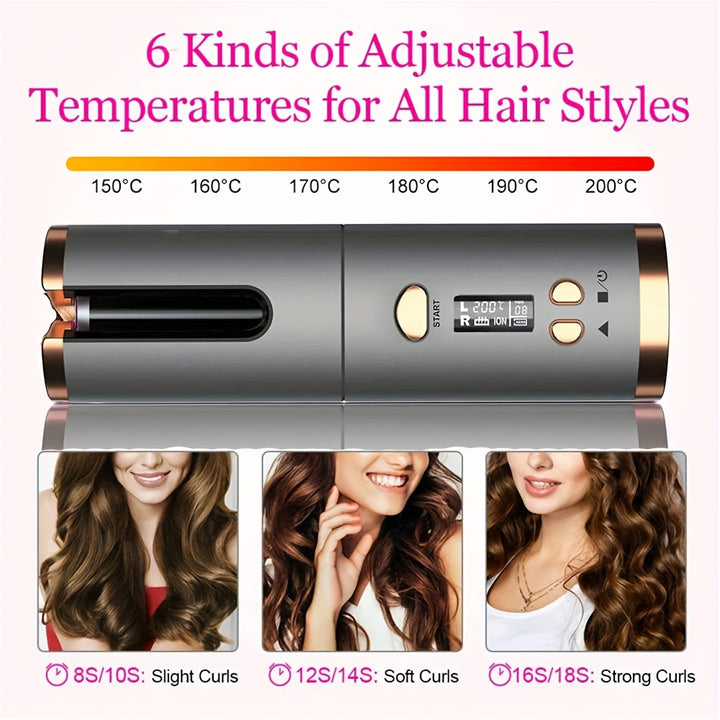 Sleek Portable USB Rechargeable Hair Curler with LCD Display - Smart Wireless Automatic Curling Iron, 32mm,, Digital Temperature Control, Copper & Gray Finish