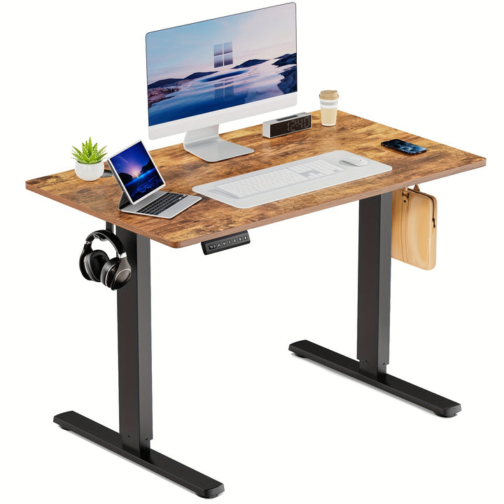 63" Adjustable Height Electric Standing Desk - Modern Wooden Workstation with 4-Panel Display Setup, Storage Shelf & Hooks for Home Office, Bedroom, or Gaming Room, Workspace Organizer | Sleek Metal Frame | Iron Construction,