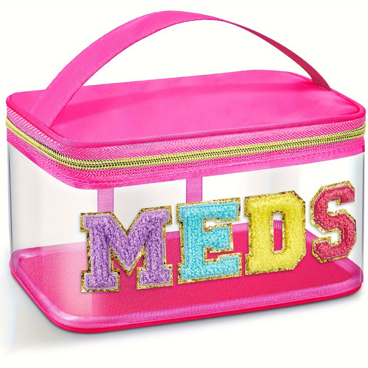 Chic Waterproof PVC Cosmetic Bag with Plush Chenille "MEDS" Letters - Portable, Large Capacity Travel Organizer with Zipper Closure, Easy to Clean - Preppy Style Patchwork Makeup Storage for Women and Girls in Pink/Blue/Turqu