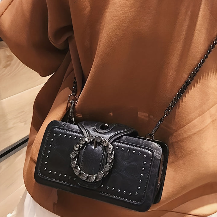 Retro Black Multi-layer Clutch Bag - Rivet Motorcycle Chain Shoulder Bag for Mobile Phone - Small Square Bag