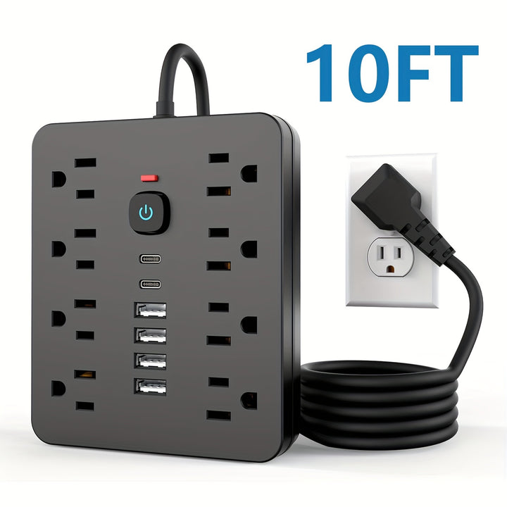 This Is a Versatile Black Power Strip Featuring 8 Outlets, 4 USB Ports, 2 USB-C Ports, a 5/10Ft Extension Cord, a Flat Plug, Wall Mounting Capability, Overload Protection, And Surge Protection, Making It Perfect for Charging