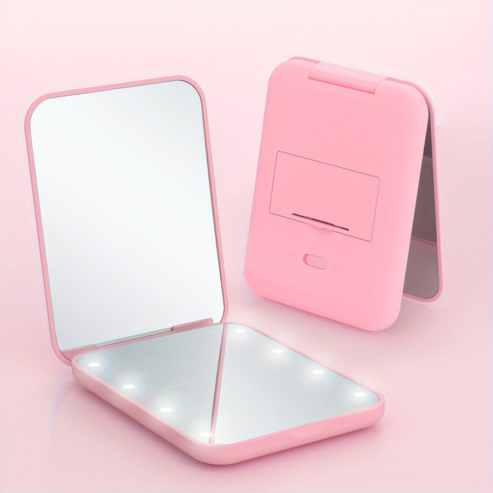 1X/3x Magnified LED Mini Travel Makeup Mirror, Compact, Double-Sided, Portable, Folding, Hand-Held, Small Lighting, Unscented, Plastic Surface, Non-Rechargeable Button Battery (Diameter≥20mm) Power, Varnished Plastic Frame,