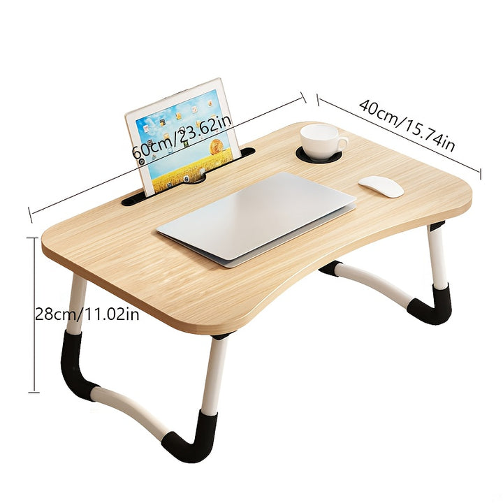 [Table de Nuit en Bois pour Ordinateur Portable] Table de Nuit en Bois Élégante pour Ordinateur Portable - Design Pliable avec Porte-Gobelet, Plateau Rayé et Éléments Décoratifs pour Utilisation au Lit, sur le Canapé ou au Sol