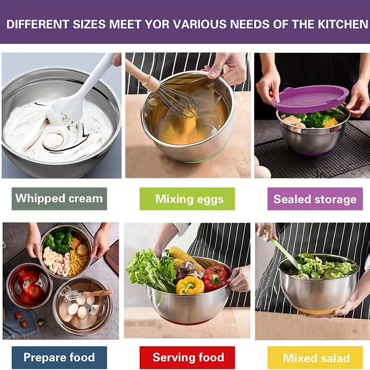 [Stainless Steel Mixing Bowls] 20pcs Stainless Steel Mixing Bowls With Airtight Lids - Non-Slip Colorful Silicone Bottom - 7, 3.5, 2.5, 2.0, 1.5, 1, 0.67QT Sizes - Great For Mixing, Baking, Serving