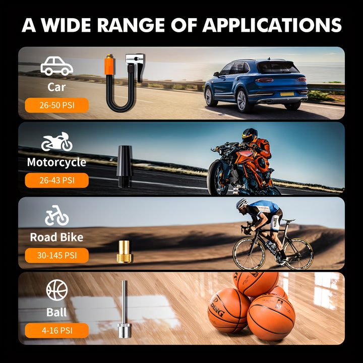 Portable Air Compressor - 150PSI Tire Inflator with Pressure Gauge, High-Capacity, 3X Faster for Cars, Bikes, Motorcycle Tires