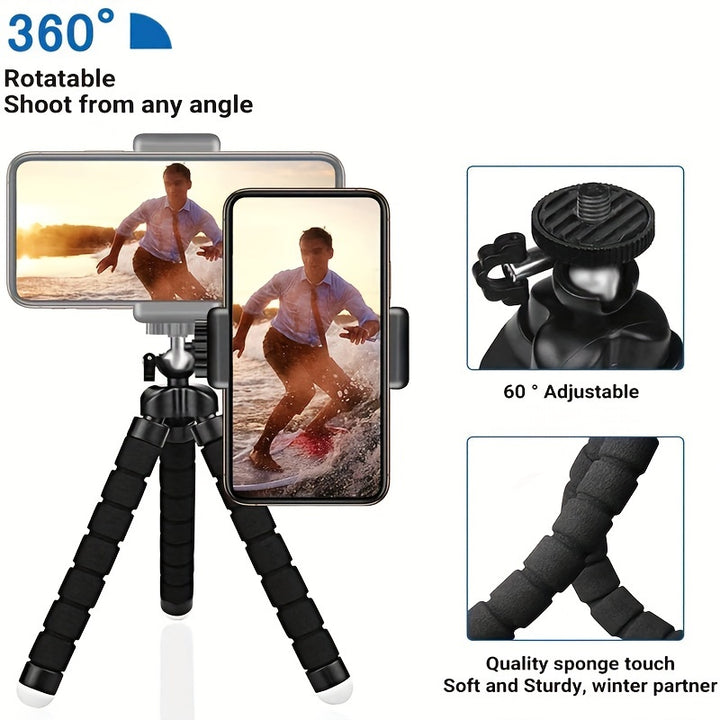 Flexible Octopus Tripod, Small Phone & Camera Holder with Sponge Grip, 360° Rotatable Mini Octopus Stand for Photography and Videography, Portable and Adjustable Bracket with Universal Clip