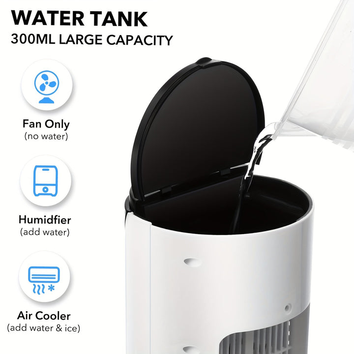 Portable 3-in-1 Air Conditioner, Humidifier & Fan - USB-Powered Cooler with Digital Display, Sleek White Design for Home & Office, Evaporative Cooling Technology, Compact & Lightweight, Portable Air Conditioner, Home Cooling