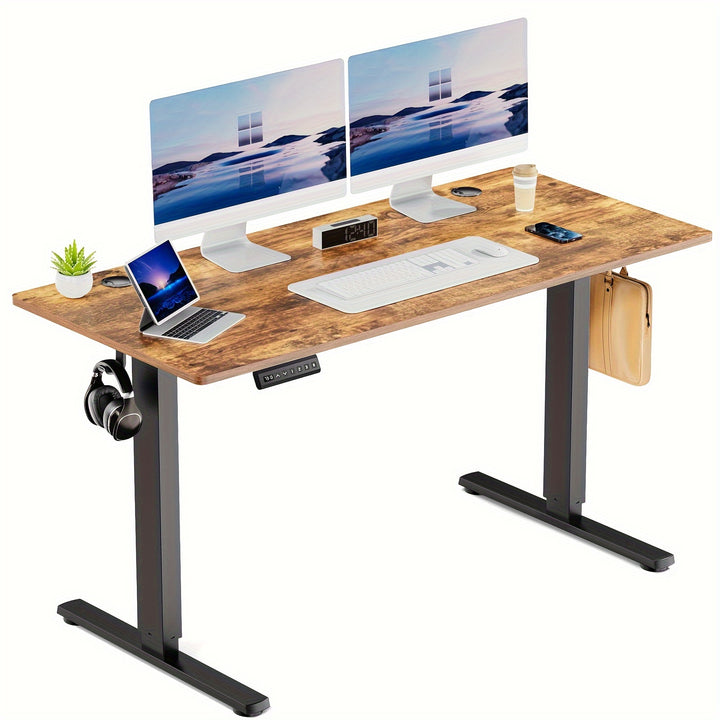 63" Adjustable Height Electric Standing Desk - Modern Wooden Workstation with 4-Panel Display Setup, Storage Shelf & Hooks for Home Office, Bedroom, or Gaming Room, Workspace Organizer | Sleek Metal Frame | Iron Construction,