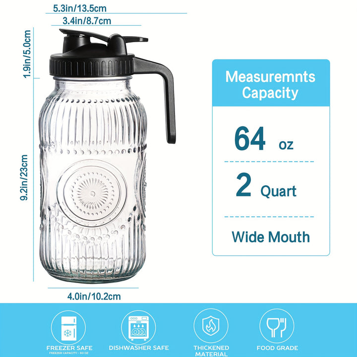 2-Quart 64 Oz Vintage Half Gallon Mason Jar Pitcher with Wide Mouth and Airtight Lid - Large Glass Jug for Water, Juice, Milk, Tea, Iced Coffee and Drinks