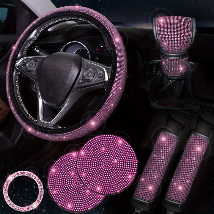 Bling Car Accessories for Women, Bling Steering Wheel Cover Bling Car Coasters Bling Set Seat Belt Shoulder Pads Ring Emblem Sticker Gear Shift Cover